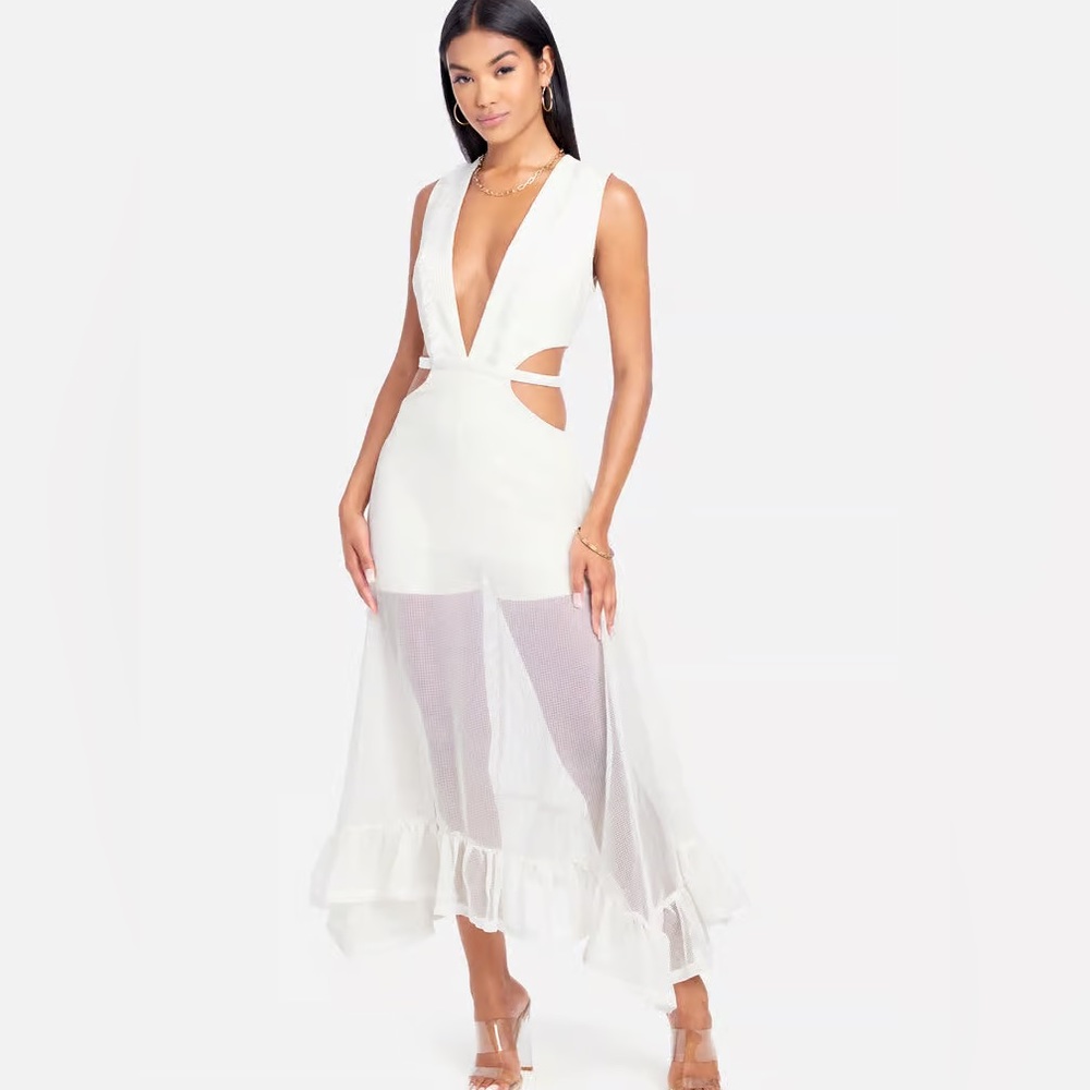 LIKE NEW ** BEBE FRINGE MESH PLUNGE MAXI GOWN in white sold out!!!